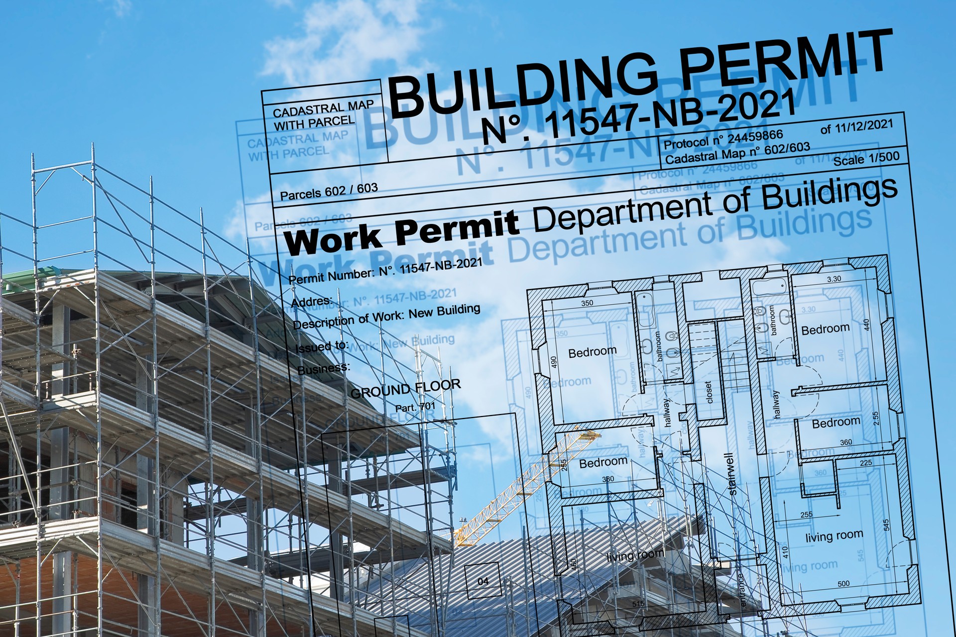 Buildings Permit project concept with residential building construction and metal scaffolding on a construction site